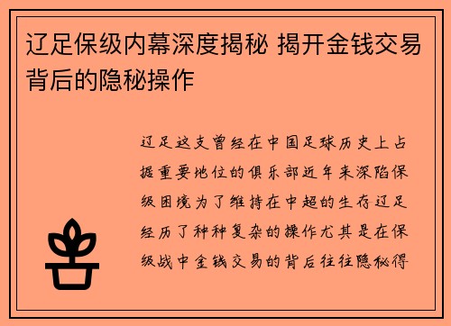 辽足保级内幕深度揭秘 揭开金钱交易背后的隐秘操作