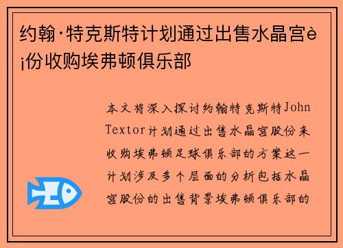 约翰·特克斯特计划通过出售水晶宫股份收购埃弗顿俱乐部